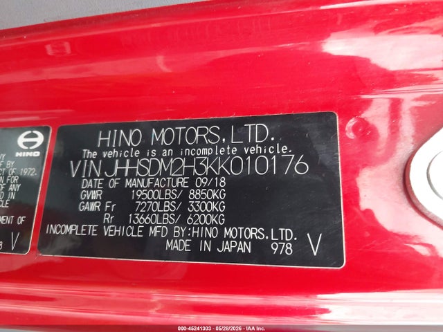 45241303 :رقم المزاد ، JHHSDM2H3KK010176 vin ، 2019 Hino Xjc740/xfc740 مزاد بيع