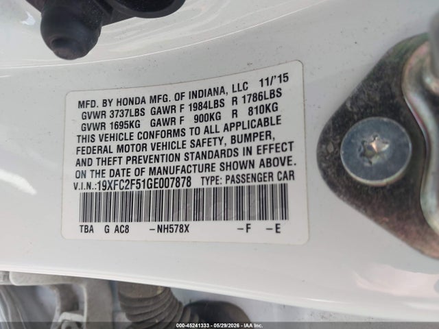 Продаж на аукціоні авто 2016 Honda Civic Lx, vin: 19XFC2F51GE007878, номер лоту: 45241333
