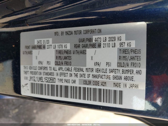 45241340 :رقم المزاد ، JM1GL1UM6L1522560 vin ، 2020 Mazda Mazda6 Sport مزاد بيع