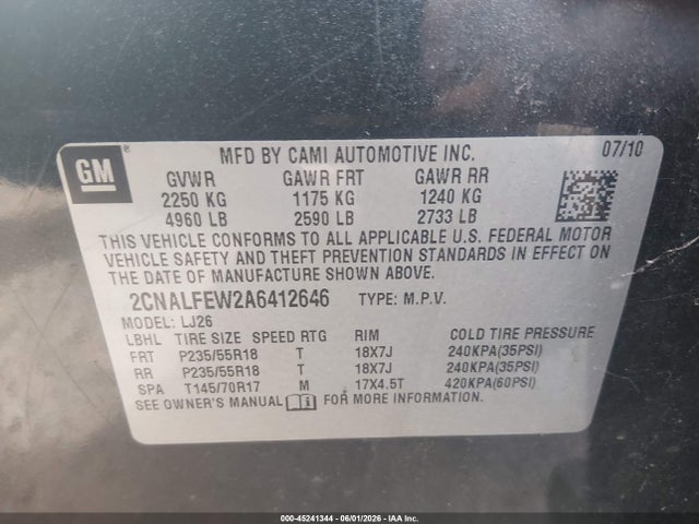2010 Chevrolet Equinox Ltz მანქანა იყიდება აუქციონზე, vin: 2CNALFEW2A6412646, აუქციონის ნომერი: 45241344