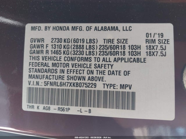Aukcja sprzedaży 2019 Honda Odyssey Ex-l, vin: 5FNRL6H7XKB075229, numer aukcji: 45241353