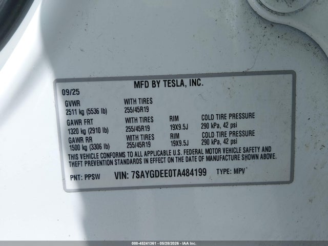 Auction sale of the 2026 Tesla Model Y All-wheel Drive/long Range Launch Series/premium All-wheel Drive, vin: 7SAYGDEE0TA484199, lot number: 45241361