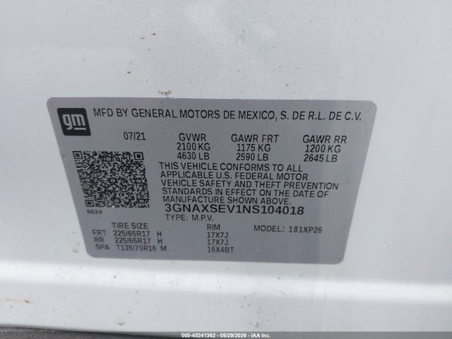 Продажа на аукционе авто 2022 Chevrolet Equinox Awd Ls, vin: 3GNAXSEV1NS104018, номер лота: 45241362
