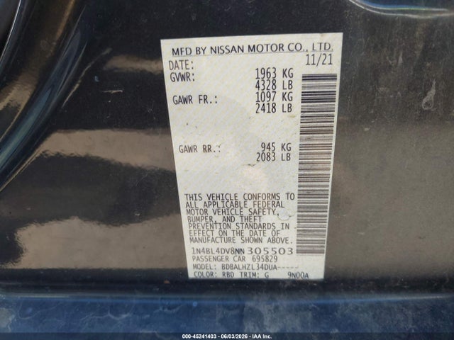 Продажа на аукционе авто 2022 Nissan Altima Sv Fwd, vin: 1N4BL4DV8NN305503, номер лота: 45241403