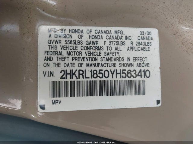 Aukcja sprzedaży 2000 Honda Odyssey Lx, vin: 2HKRL1850YH563410, numer aukcji: 45241405