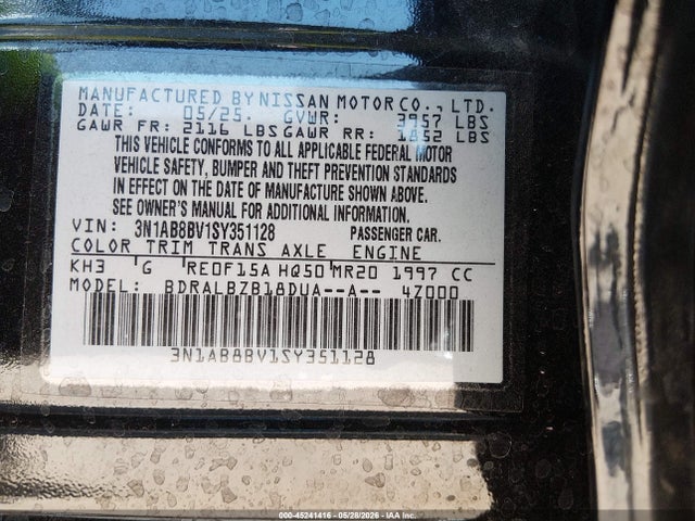 Aukcja sprzedaży 2025 Nissan Sentra S, vin: 3N1AB8BV1SY351128, numer aukcji: 45241416