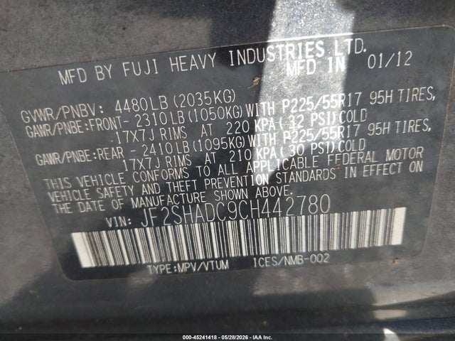 2012 Subaru Forester 2.5x Premium მანქანა იყიდება აუქციონზე, vin: JF2SHADC9CH442780, აუქციონის ნომერი: 45241418