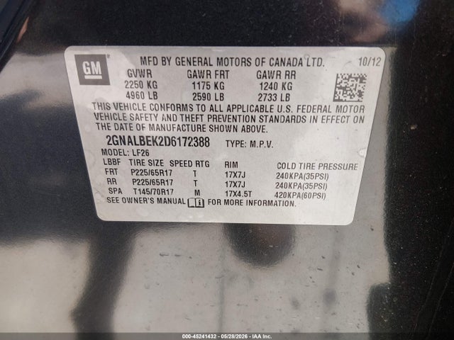 Aukcja sprzedaży 2013 Chevrolet Equinox Ls, vin: 2GNALBEK2D6172388, numer aukcji: 45241432