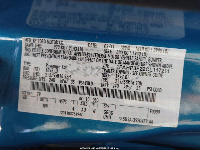Продажа на аукционе авто 2012 Ford Focus Se, vin: 1FAHP3F22CL117211, номер лота: 45241440