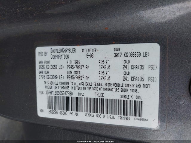 Продаж на аукціоні авто 2003 Dodge Ram 1500 Slt/laramie/st, vin: 1D7HA18D93S347080, номер лоту: 45241451