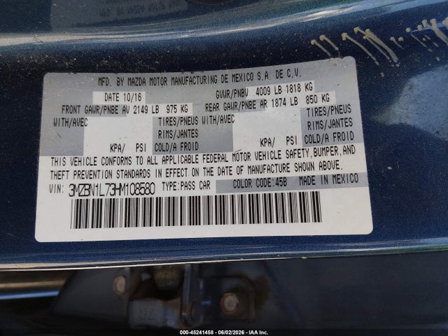 Aukcja sprzedaży 2017 Mazda Mazda3 Touring, vin: 3MZBN1L73HM108580, numer aukcji: 45241458