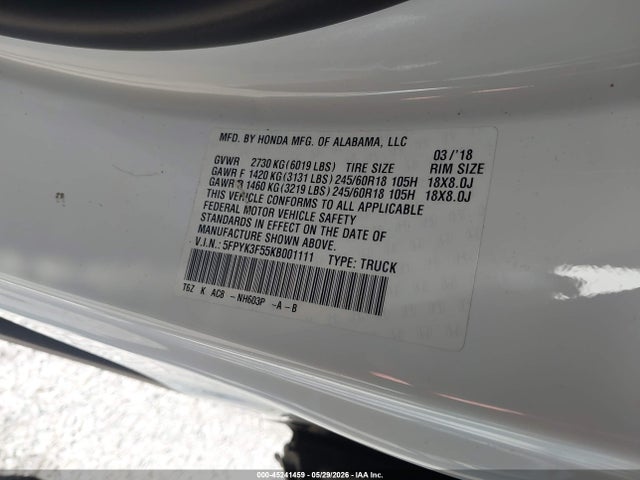 Honda Ridgeline Rtl 2019 5FPYK3F55KB001111 Image 9