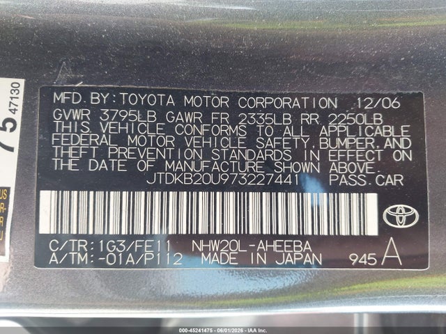 Продаж на аукціоні авто 2007 Toyota Prius, vin: JTDKB20U973227441, номер лоту: 45241475