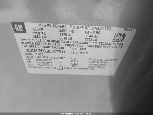 Aukcja sprzedaży 2011 Chevrolet Equinox 2lt, vin: 2CNALPEC5B6477911, numer aukcji: 45241491
