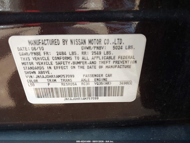 Продажа на аукционе авто 2010 Infiniti Ex35 Journey, vin: JN1AJ0HR1AM757099, номер лота: 45241499