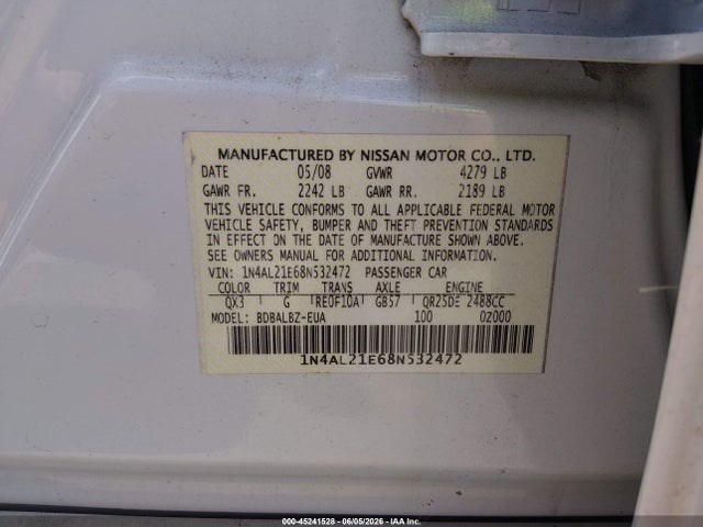 Продажа на аукционе авто 2008 Nissan Altima 2.5 S, vin: 1N4AL21E68N532472, номер лота: 45241528