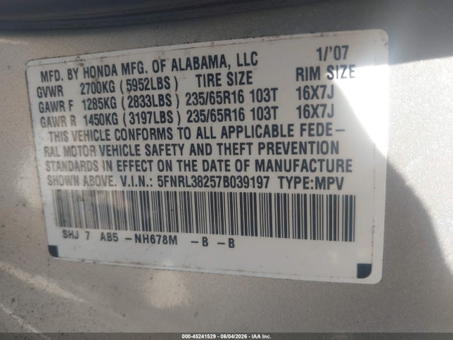 Продажа на аукционе авто 2007 Honda Odyssey Lx, vin: 5FNRL38257B039197, номер лота: 45241529