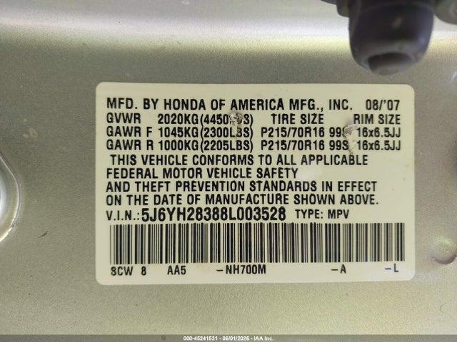 2008 Honda Element Lx მანქანა იყიდება აუქციონზე, vin: 5J6YH28388L003528, აუქციონის ნომერი: 45241531