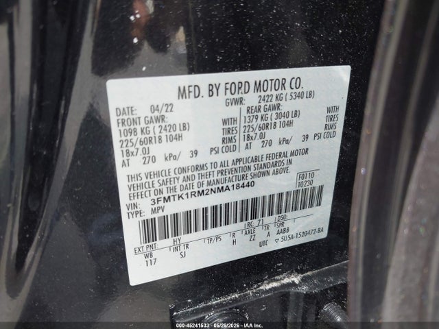 45241533 :رقم المزاد ، 3FMTK1RM2NMA18440 vin ، 2022 Ford Mustang Mach-e Select مزاد بيع