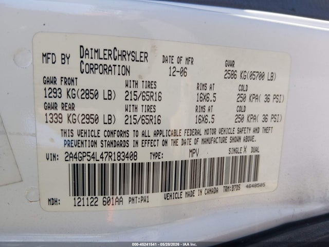 45241541 :رقم المزاد ، 2A4GP54L47R183408 vin ، 2007 Chrysler Town & Country Touring مزاد بيع