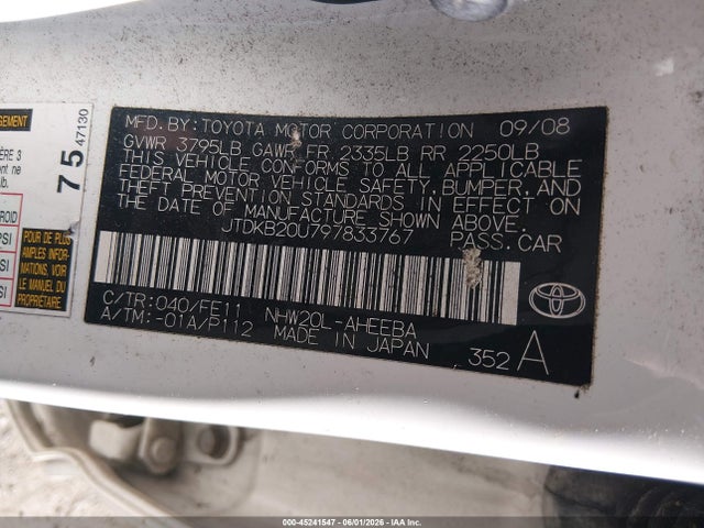 2009 Toyota Prius მანქანა იყიდება აუქციონზე, vin: JTDKB20U797833767, აუქციონის ნომერი: 45241547