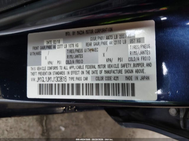 Продажа на аукционе авто 2018 Mazda Mazda6 Sport, vin: JM1GL1UM1J1303616, номер лота: 45241549