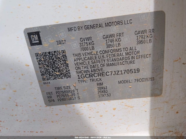 45241548 :رقم المزاد ، 1GCRCREC7JZ170519 vin ، 2018 Chevrolet Silverado 1500 1lt مزاد بيع