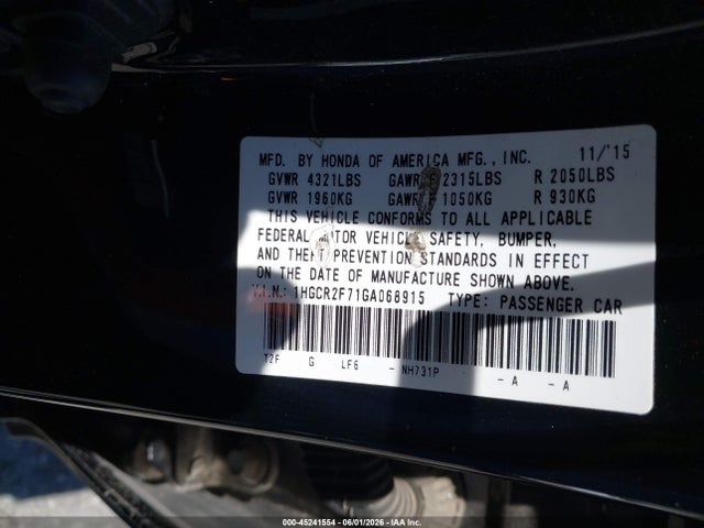 Honda ACCORD EX 2016 1HGCR2F71GA068915 Image 9