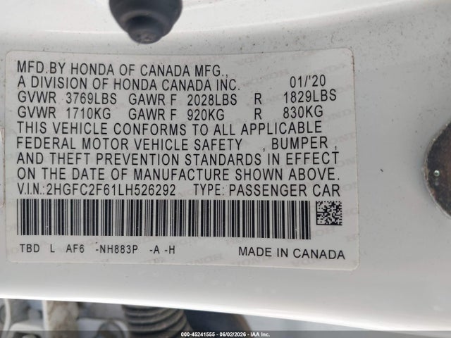 2020 Honda Civic Lx მანქანა იყიდება აუქციონზე, vin: 2HGFC2F61LH526292, აუქციონის ნომერი: 45241555