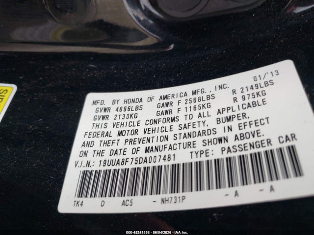 45241558 :رقم المزاد ، 19UUA8F75DA007481 vin ، 2013 Acura Tl 3.5 مزاد بيع
