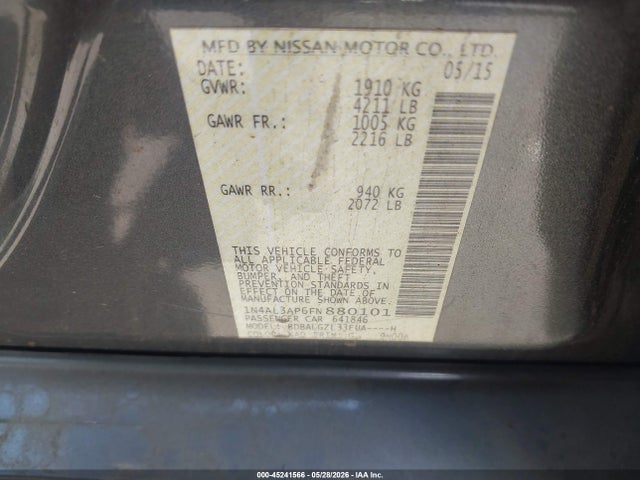 Продаж на аукціоні авто 2015 Nissan Altima 2.5 S, vin: 1N4AL3AP6FN880101, номер лоту: 45241566