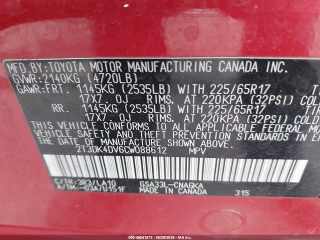 Aukcja sprzedaży 2012 Toyota Rav4 Limited V6, vin: 2T3DK4DV6CW088612, numer aukcji: 45241573