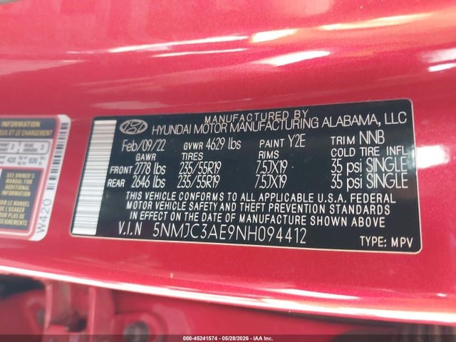 Aukcja sprzedaży 2022 Hyundai Tucson Sel, vin: 5NMJC3AE9NH094412, numer aukcji: 45241574