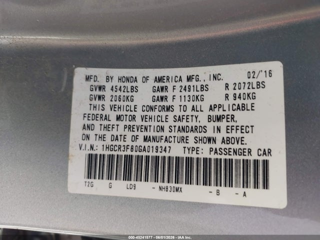 1HGCR3F80GA019347 Honda Accord Ex-l V-6