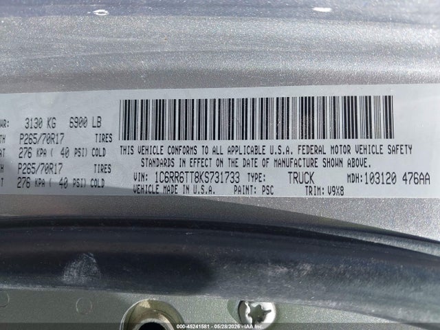 1C6RR6TT8KS731733 RAM 1500 Classic Slt 4x2 6&#039;4 Box