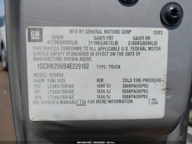Продаж на аукціоні авто 2004 Chevrolet Silverado 2500hd Ls, vin: 1GCHK29U84E229162, номер лоту: 45241585