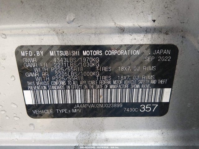 Aukcja sprzedaży 2022 Mitsubishi Outlander Sport 2.0 Se 2wd/2.0 Se Special Edition 2wd, vin: JA4APVAU2NU023899, numer aukcji: 45241588