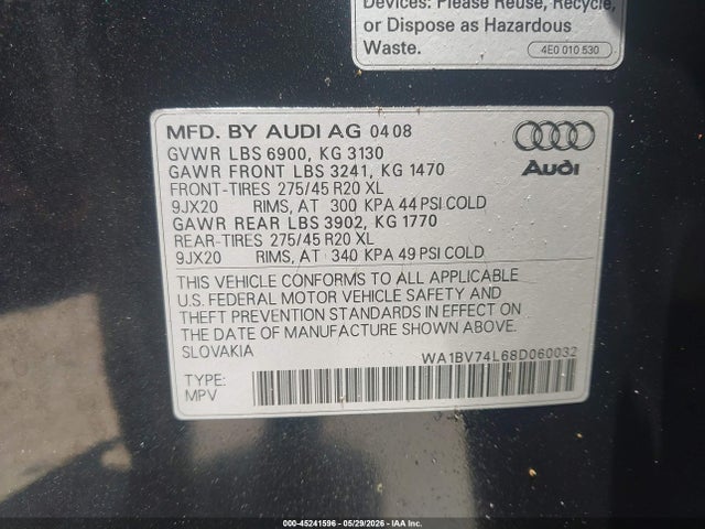 45241596 :رقم المزاد ، WA1BV74L68D060032 vin ، 2008 Audi Q7 4.2 Premium مزاد بيع