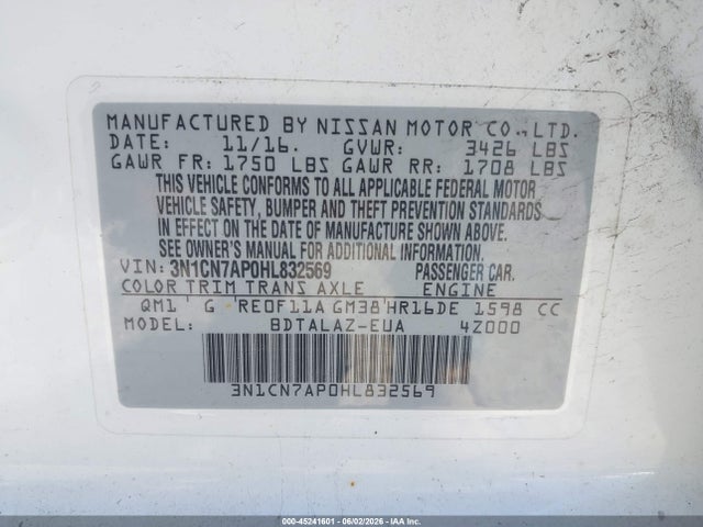 Aukcja sprzedaży 2017 Nissan Versa 1.6 S+, vin: 3N1CN7AP0HL832569, numer aukcji: 45241601