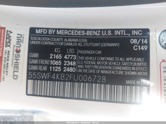 2015 Mercedes-benz C 300 4matic მანქანა იყიდება აუქციონზე, vin: 55SWF4KB2FU006728, აუქციონის ნომერი: 45241614