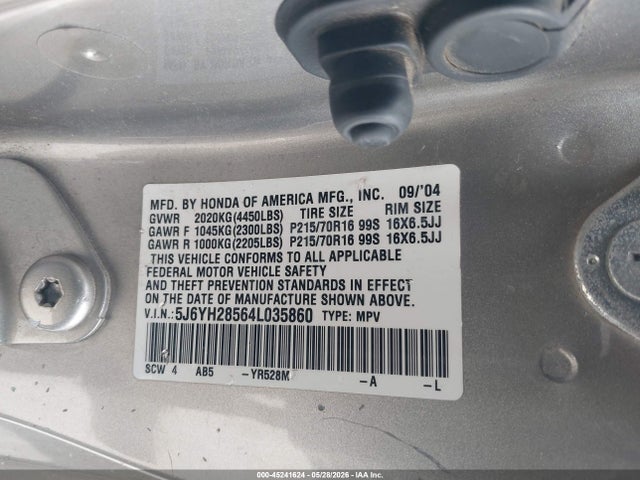 2004 Honda Element Ex მანქანა იყიდება აუქციონზე, vin: 5J6YH28564L035860, აუქციონის ნომერი: 45241624