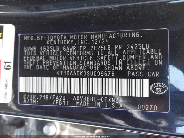 45241626 :رقم المزاد ، 4T1DAACK3SU099678 vin ، 2025 Toyota Camry Le مزاد بيع
