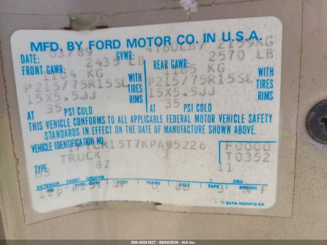 1989 Ford Ranger Super Cab მანქანა იყიდება აუქციონზე, vin: 1FTCR15T7KPA95226, აუქციონის ნომერი: 45241627
