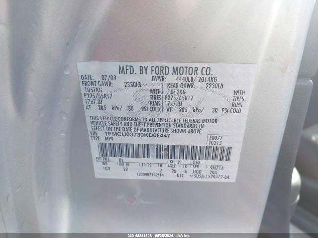 45241628 :رقم المزاد ، 1FMCU03739KD08447 vin ، 2009 Ford Escape Xlt مزاد بيع