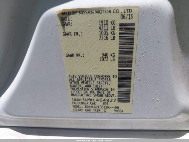 2015 Nissan Altima 2.5 S მანქანა იყიდება აუქციონზე, vin: 1N4AL3AP9FC464927, აუქციონის ნომერი: 45241629