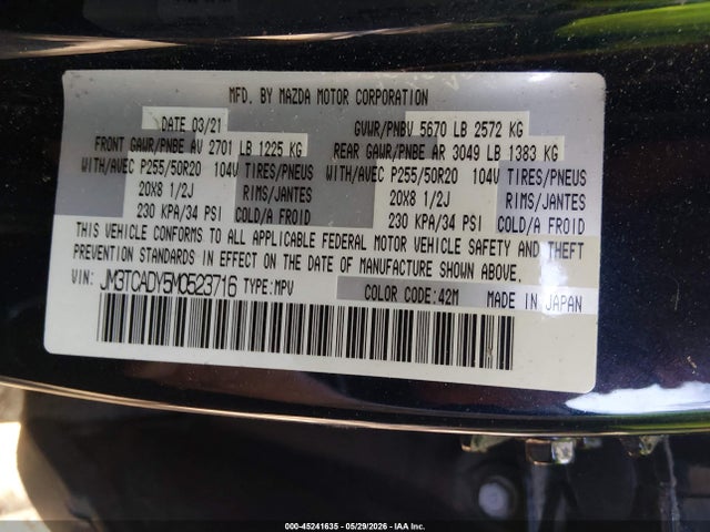 Продажа на аукционе авто 2021 Mazda Cx-9 Grand Touring, vin: JM3TCADY5M0523716, номер лота: 45241635