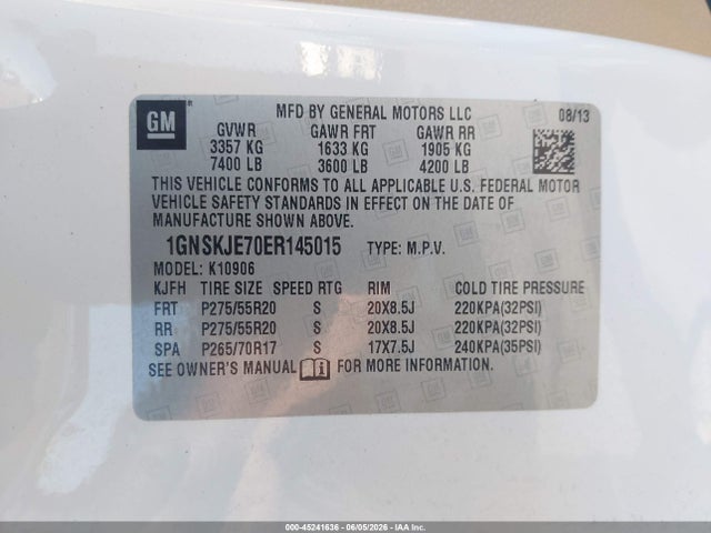 45241636 :رقم المزاد ، 1GNSKJE70ER145015 vin ، 2014 Chevrolet Suburban 1500 Lt مزاد بيع