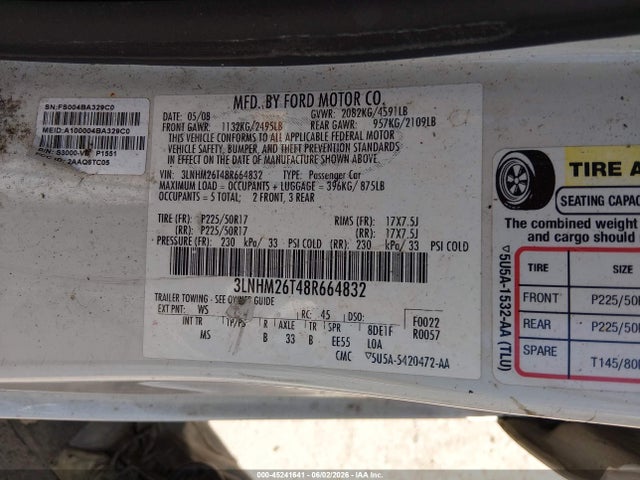 Продаж на аукціоні авто 2008 Lincoln Mkz, vin: 3LNHM26T48R664832, номер лоту: 45241641