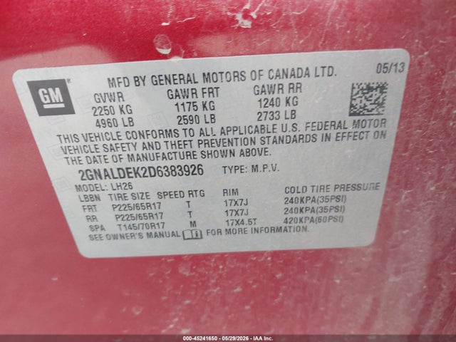 Продаж на аукціоні авто 2013 Chevrolet Equinox 1lt, vin: 2GNALDEK2D6383926, номер лоту: 45241650