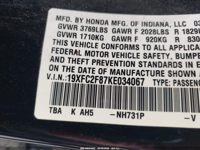 19XFC2F87KE034067 Honda Civic Sport
